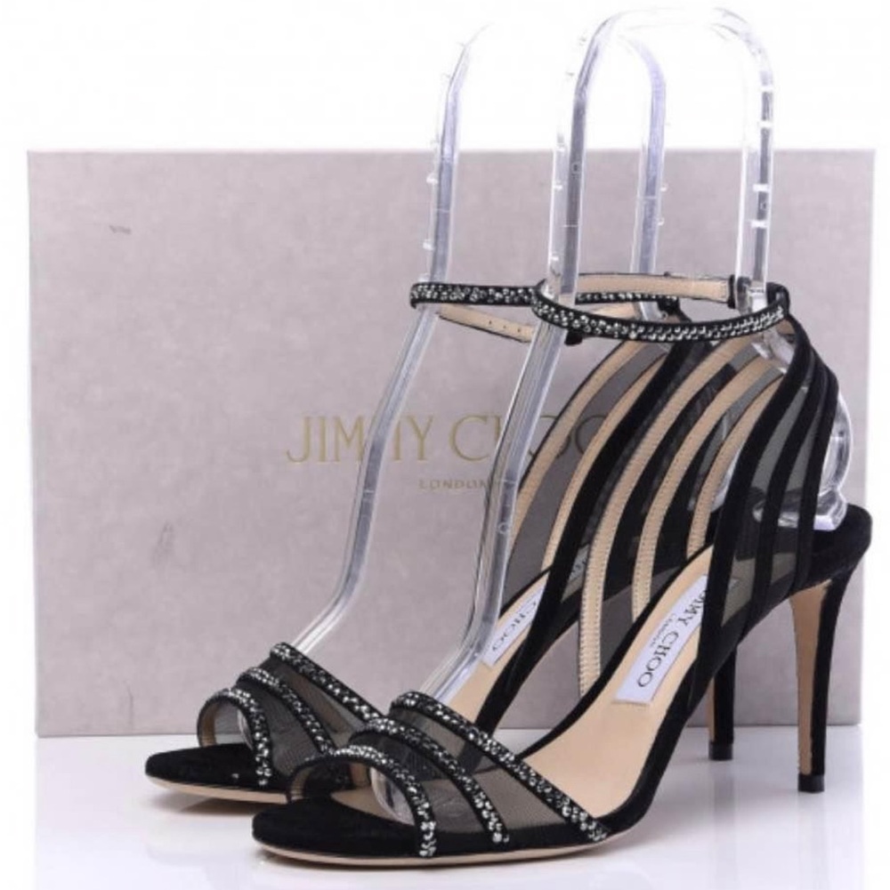 Jimmy Choo Suede Crystal Mesh Betty 85 Sandals Heels